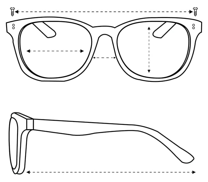 Frame measurements: front width, lens width, lens height, bridge and temple length